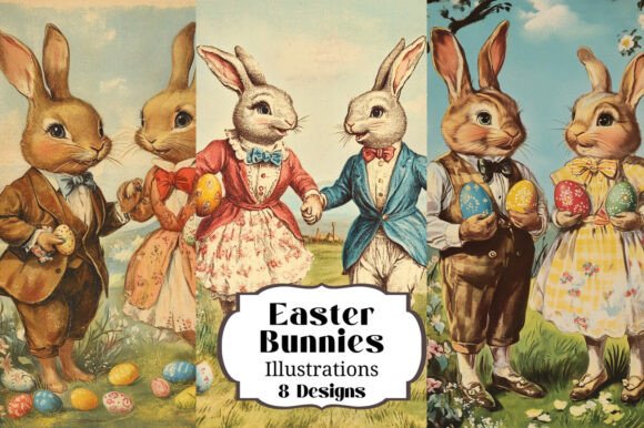 8 Easter Bunnies Illustrations: Digital Paper for Crafting