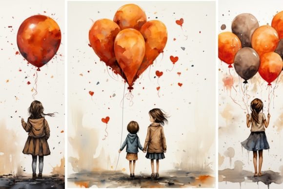 Charming Watercolor Art: 10 Illustrations 'Girls with Balloons'