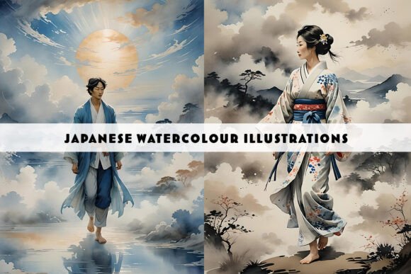 Japanese Figures Illustrations Duo: Watercolour Assets for Designers